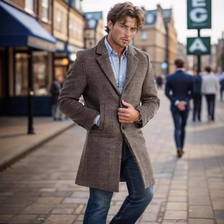 Elegant long coat for men in tartan pattern with removable inner part Amarae