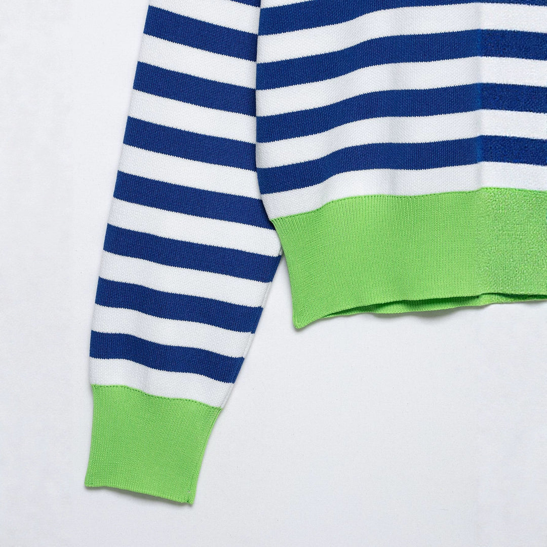 Women's Striped Polo Sweater with V-Neck, Loose Body and Contrasting Cuffs Amarae