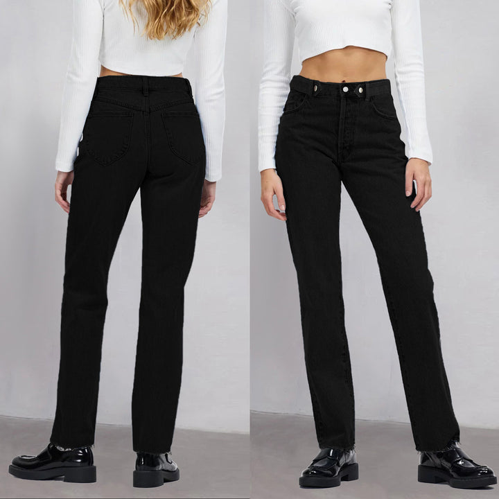 Women high-waisted straight-cut jeans made of rigid denim with raw hem Amarae