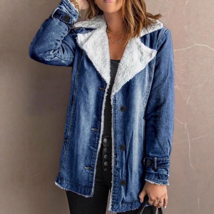 Women's Oversized Denim Jacket with Teddy Lining, Button Placket and Patch Pockets Amarae