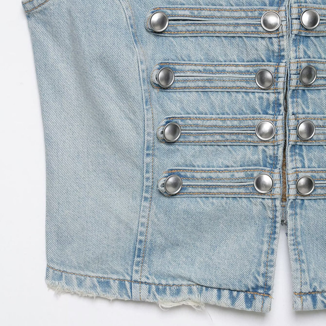Women's jeans vest in military look with stand-up collar and decorative press stud placket Amarae