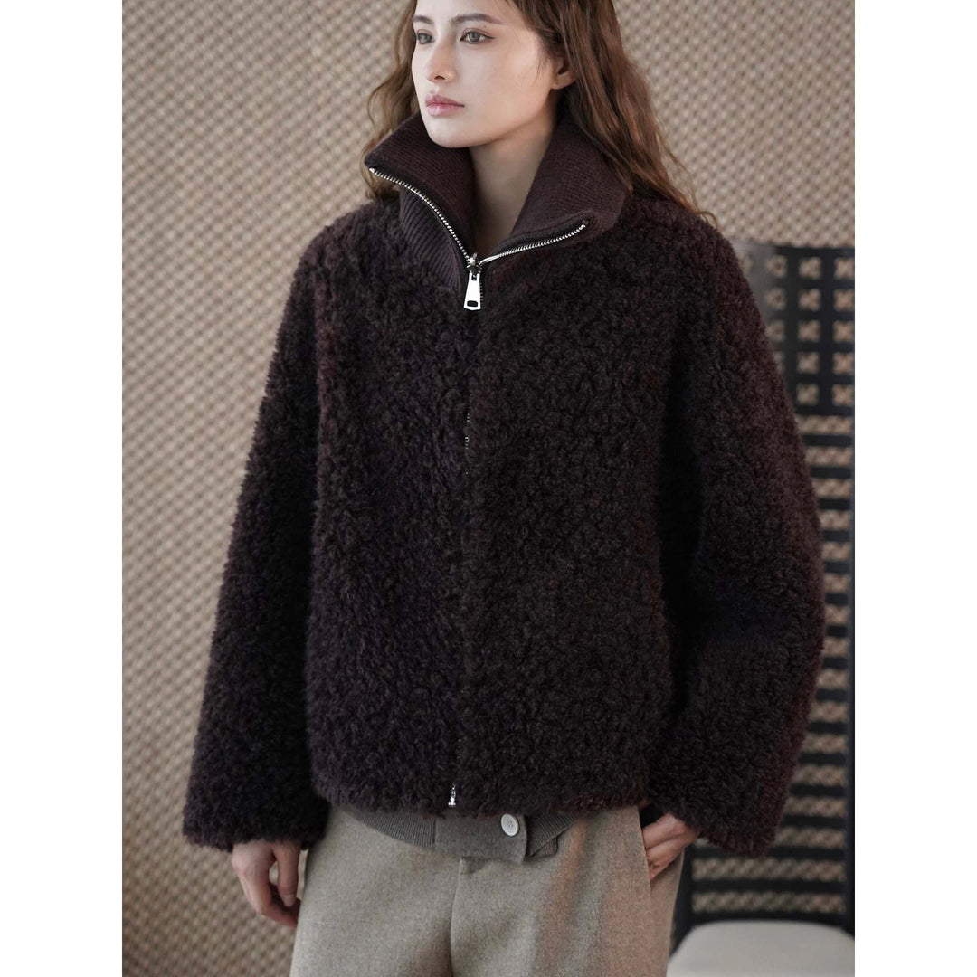 Women's teddy jacket with high ribbed collar and half-height zipper Amarae
