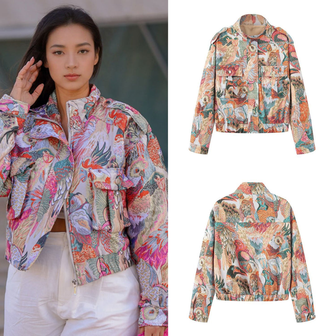 Women's utility jacket with colorful animal print and practical pockets Lune London