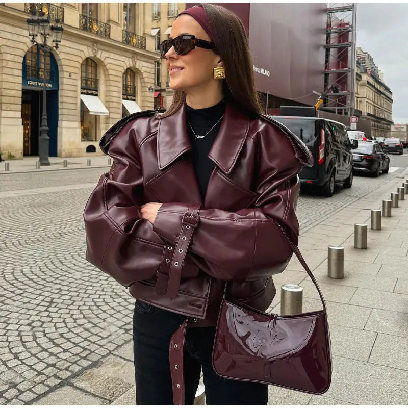 Trendy faux leather jacket for women with an oversized fit and structured shoulders Amarae