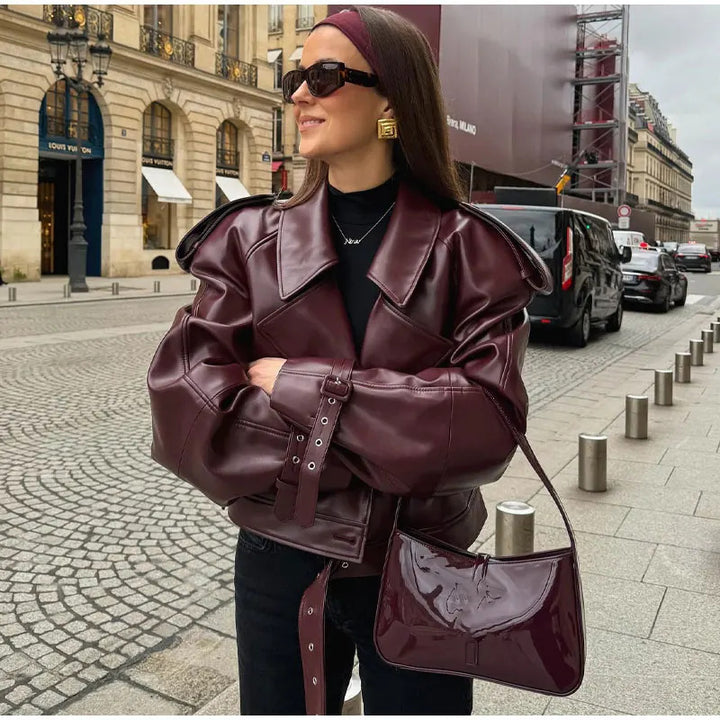 Trendy faux leather jacket for women with an oversized fit and structured shoulders Amarae