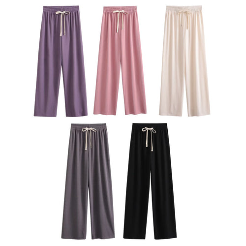 Wide palazzo pants for ladies with elastic waistband and decorative cord Amarae
