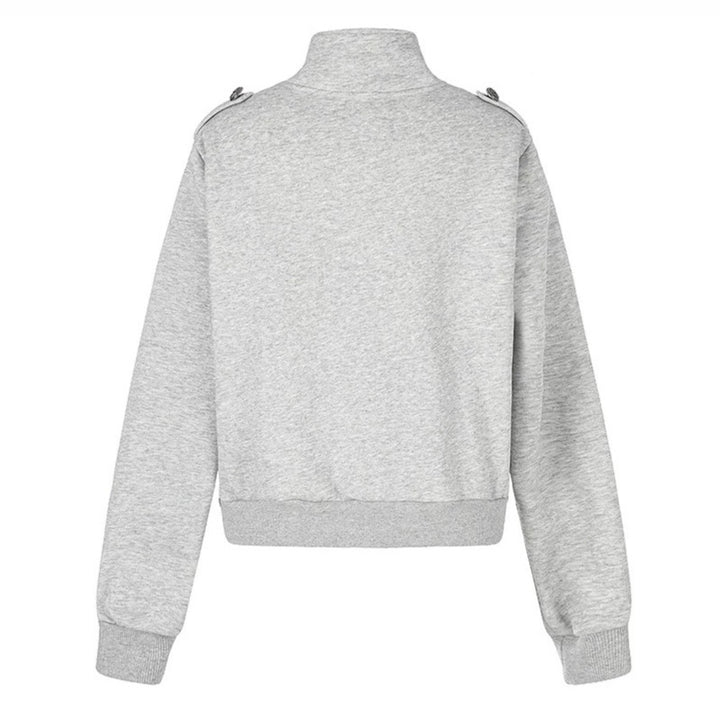 Women's short sweatshirt jacket with stand-up collar, double button detail and zipper Amarae