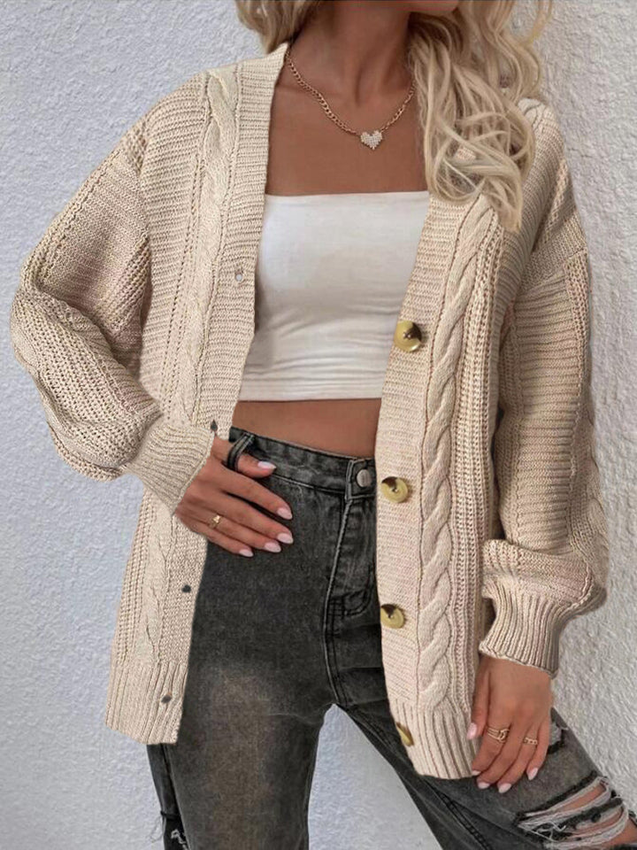 Ladies oversized knit cardigan with button details and cable pattern Lune London