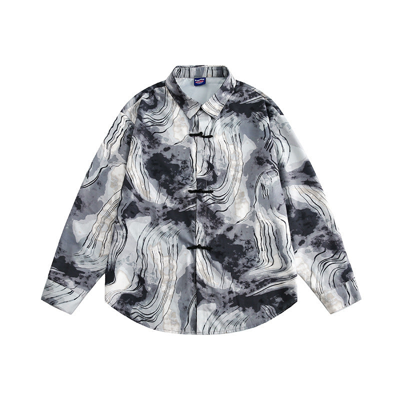 Unisex Boxy Overshirt Jacket with Marble Print and Traditional Toggle Closure Look Amarae