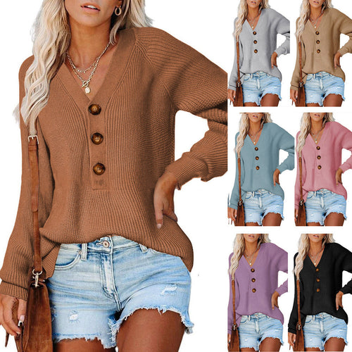 Casual knitted sweater for women with button details and V-neck Amarae
