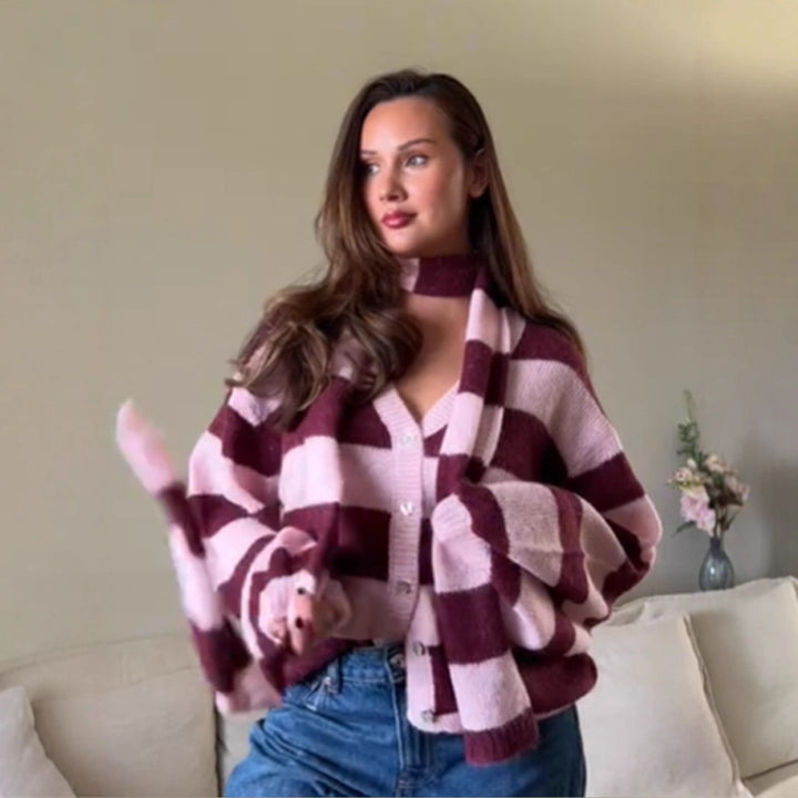 Women's Oversized Knit Cardigan Set with Block Stripes, Button Placket and Matching Scarf Amarae