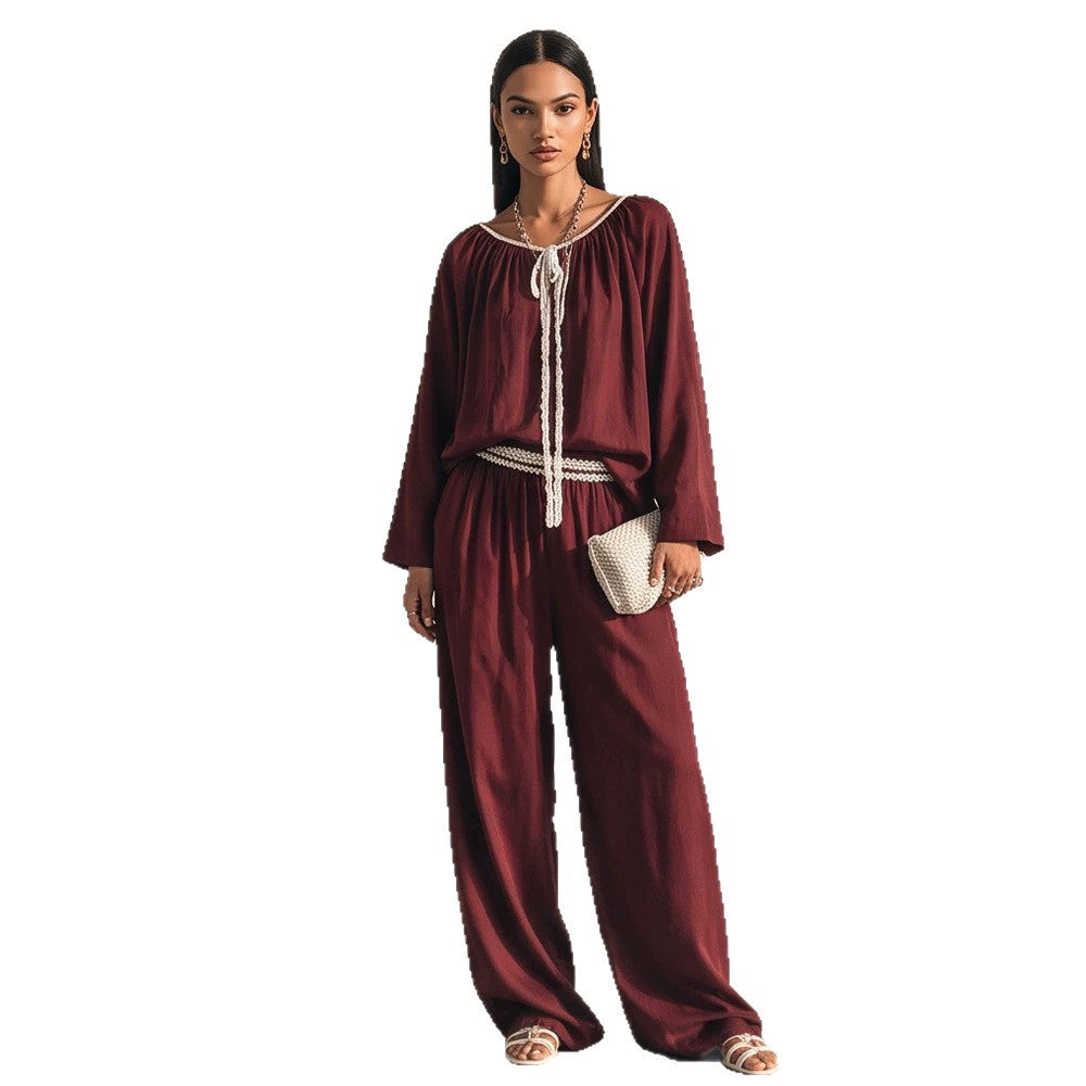 Ladies Flowing Two-Piece Loungewear Set in Silk Look with Wide Palazzo Pants and Gathered Tunic Amarae