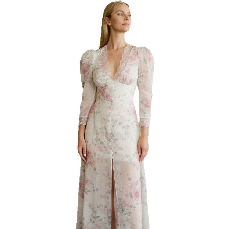 Women's Romantic Chiffon Maxi Dress with Lace V-Neck, Puff Sleeves and Front Slit Amarae