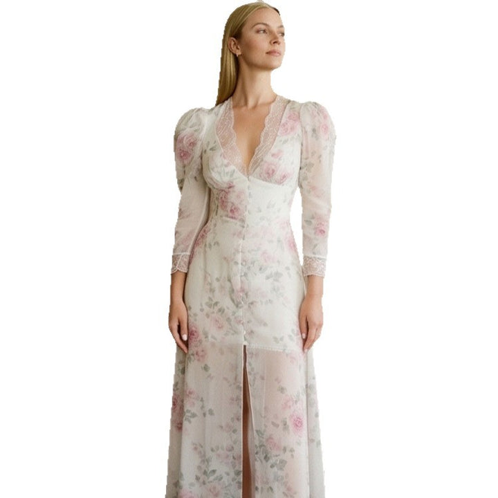 Women's Romantic Chiffon Maxi Dress with Lace V-Neck, Puff Sleeves and Front Slit Amarae