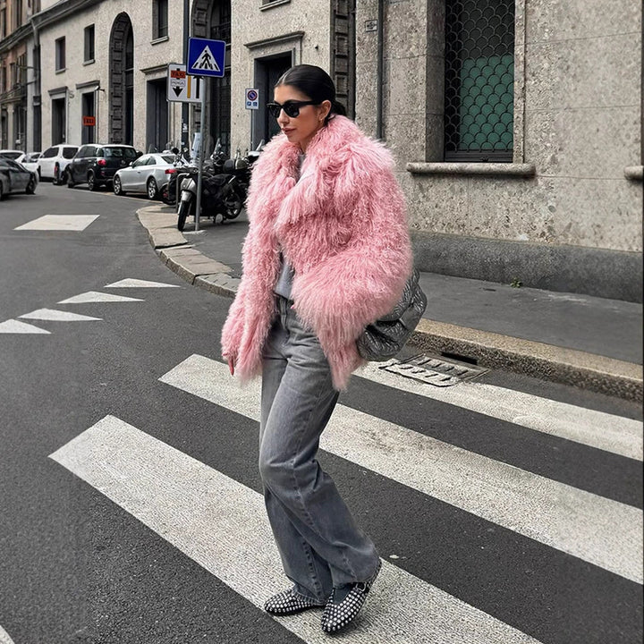 Women Short Cut Shaggy Faux Fur Coat with voluminous Shawl Collar and Oversized Silhouette Amarae