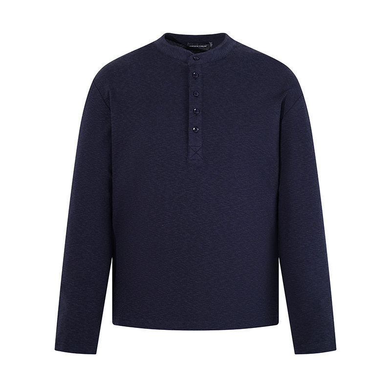 Men's Long Sleeve Henley Shirt with Stand Collar and Button Closure made of Textured Jersey Amarae