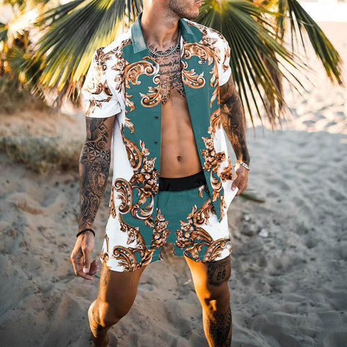 Chic und Stil men's short sleeve t-shirt and tropical print shorts set