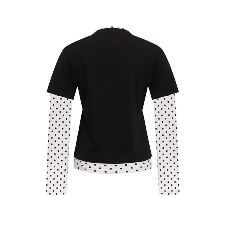 Women's Layered Long Sleeve Shirt with Polka Dot Inner Layer and Calligraphic Statement Print Amarae