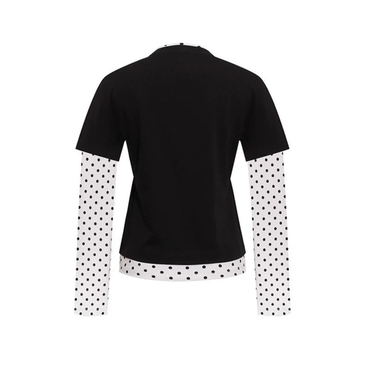 Women's Layered Long Sleeve Shirt with Polka Dot Inner Layer and Calligraphic Statement Print Amarae