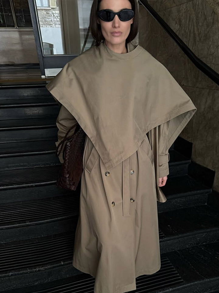 Women's Mid-Length Trench Coat with Poncho-Like Cape Overlay & Boxy Silhouette Amarae