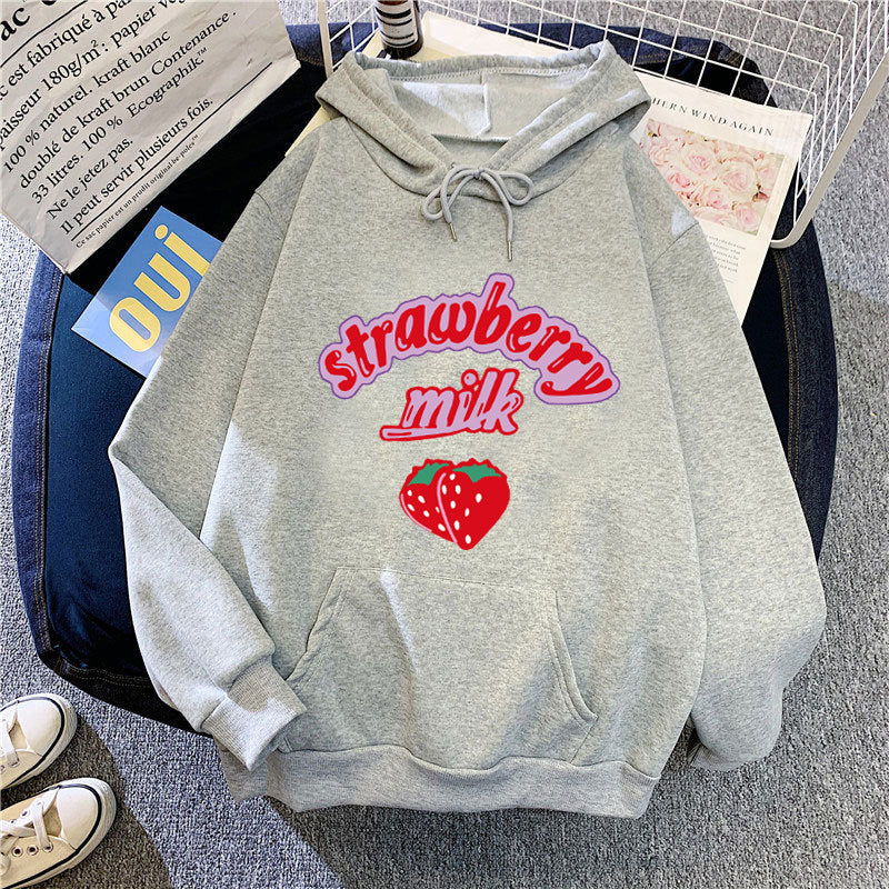Ladies hooded sweatshirt with cheerful strawberry milk design Chic & Stil