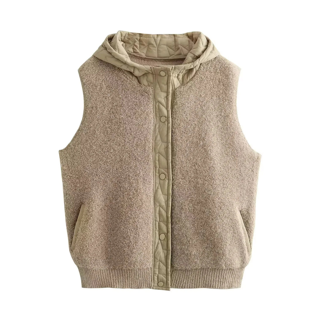 Women's Padded Wool Blend Vest with Hood and Snap Button Placket Amarae