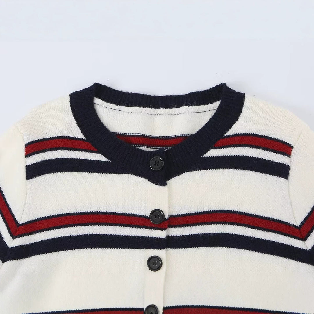Women Striped Short Cardigan with Round Neck, Button Placket and Ribbed Cuffs Amarae