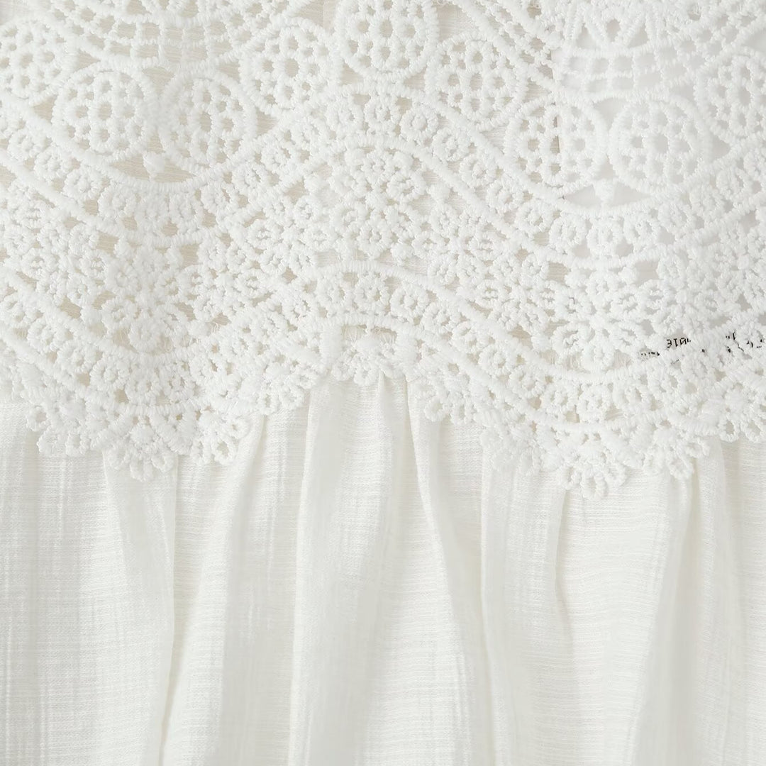 Ladies Romantic Lace Blouse with Stand Collar, Yoke and Balloon Sleeves Amarae