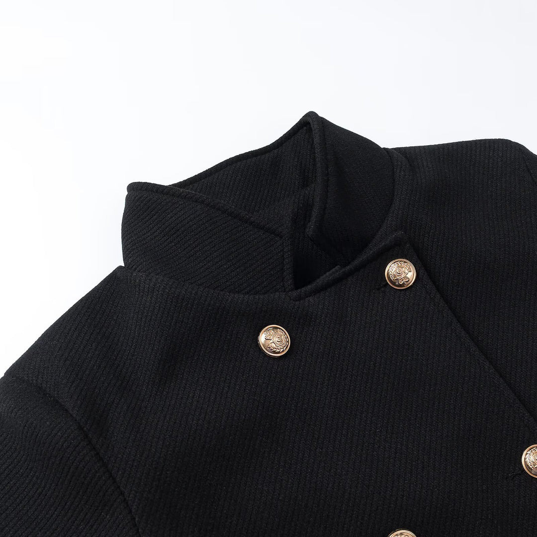 Women long double-breasted wool coat with stand-up collar and golden decorative buttons Amarae