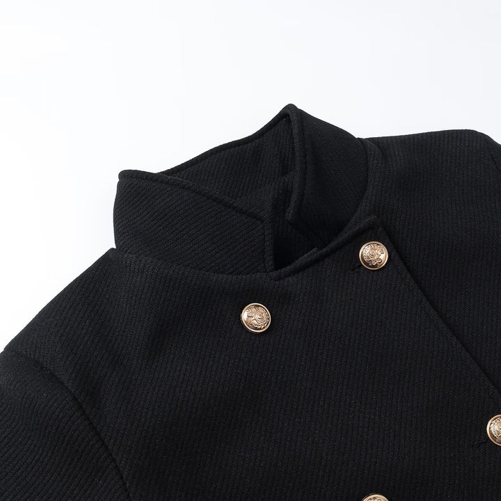 Women long double-breasted wool coat with stand-up collar and golden decorative buttons Amarae