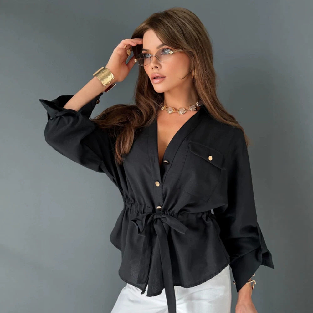 Women Tailored Shirt Blouse with Drawstring, V-Neck and Gold Buttons Amarae