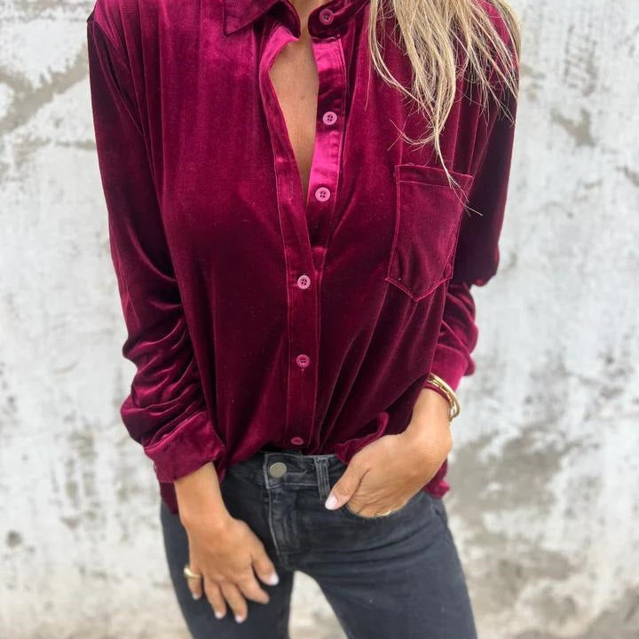 Elegant satin blouse for women with classic collar and chest pocket Lune London