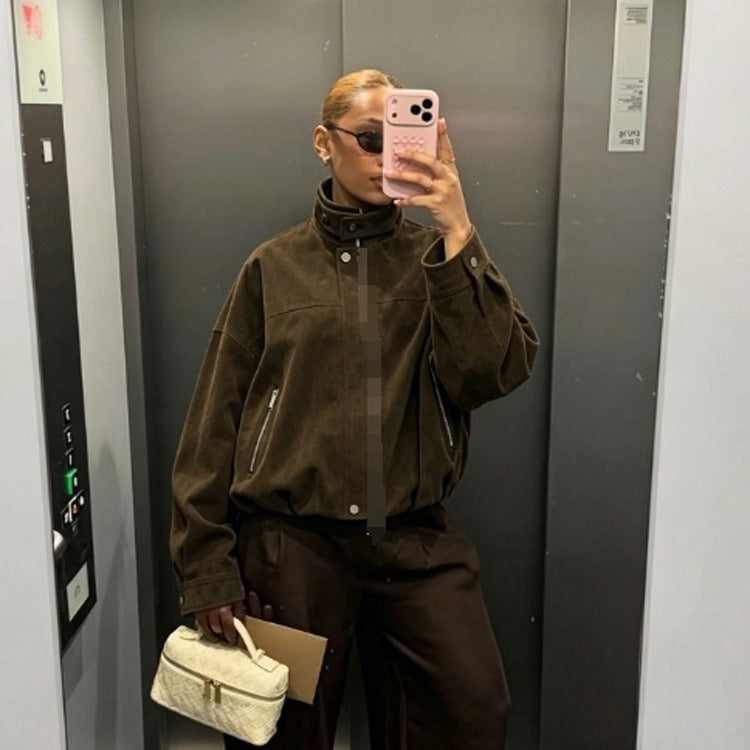 Women's Boxy Suede Bomber Jacket with High Stand Collar and Elastic Hem Amarae