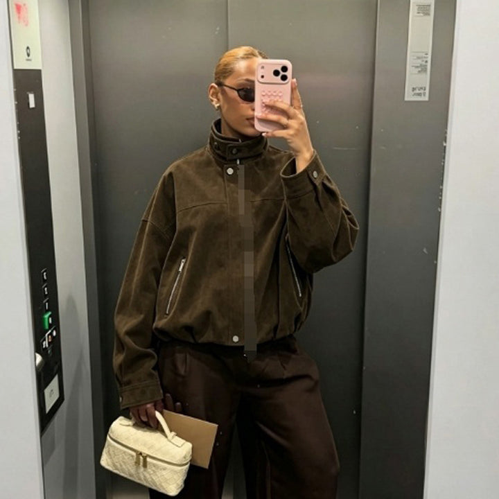 Women's Boxy Suede Bomber Jacket with High Stand Collar and Elastic Hem Amarae