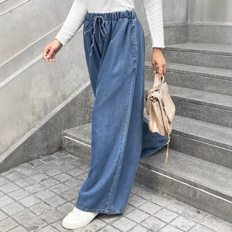 Women's Relaxed Palazzo Jeans with Drawstring Waist, Side Pockets and Extra Wide Leg Amarae