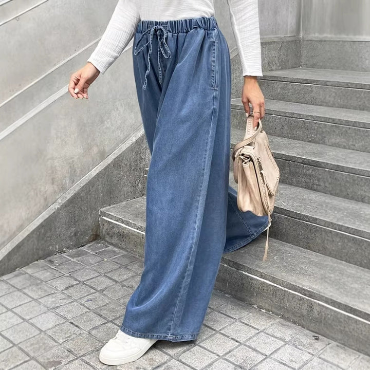 Women's Relaxed Palazzo Jeans with Drawstring Waist, Side Pockets and Extra Wide Leg Amarae