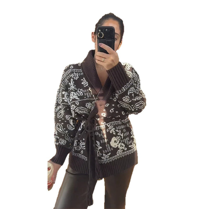 Women's knitted cardigan with shawl collar, Fair Isle pattern and tie belt Amarae