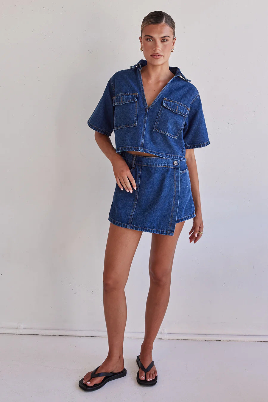 Women Denim Short Jacket with Matching Skirt in Casual Style Lune London