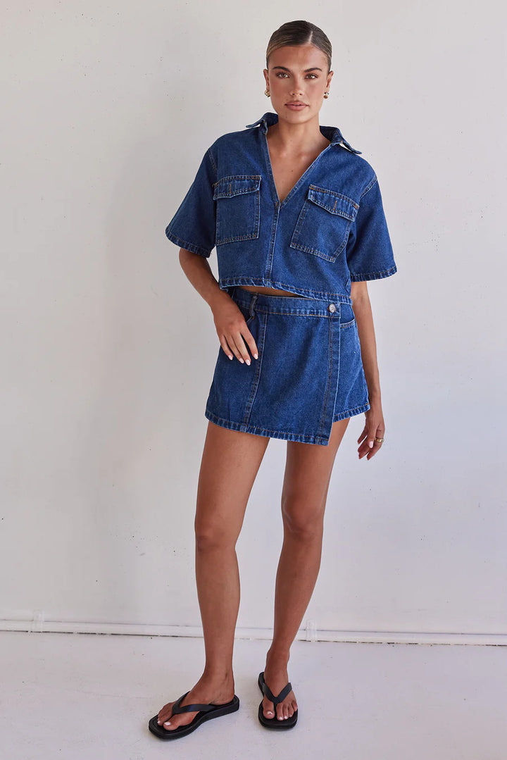Women Denim Short Jacket with Matching Skirt in Casual Style Lune London
