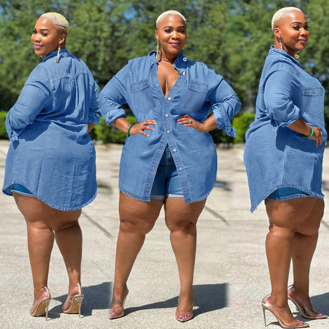 Ladies Oversized Denim Shirt Blouse in Longline Cut with Rolled Sleeves and Breast Pockets Amarae