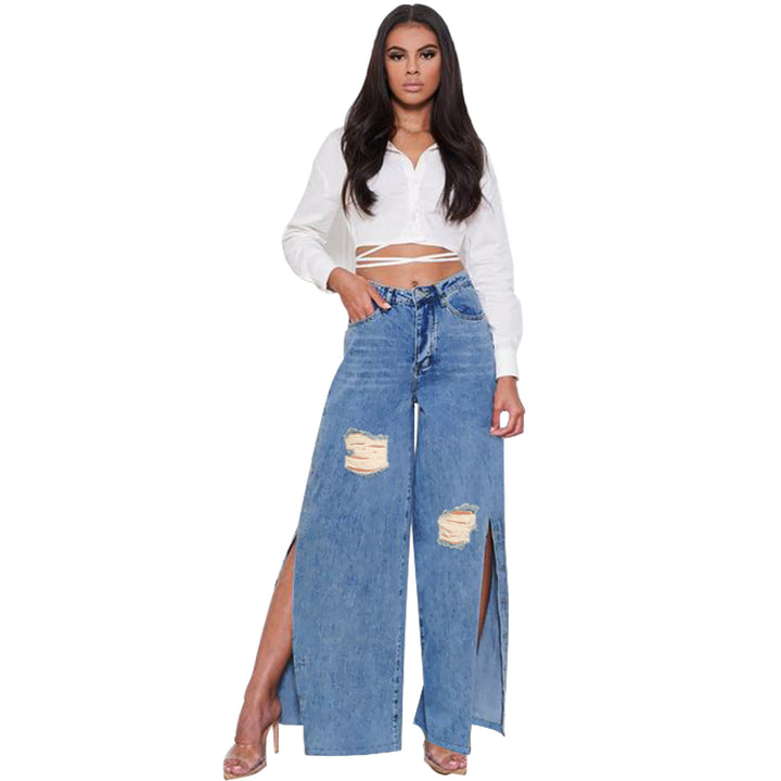 Women's high-cut jeans with wide leg, knee rips, and side leg slits Amarae
