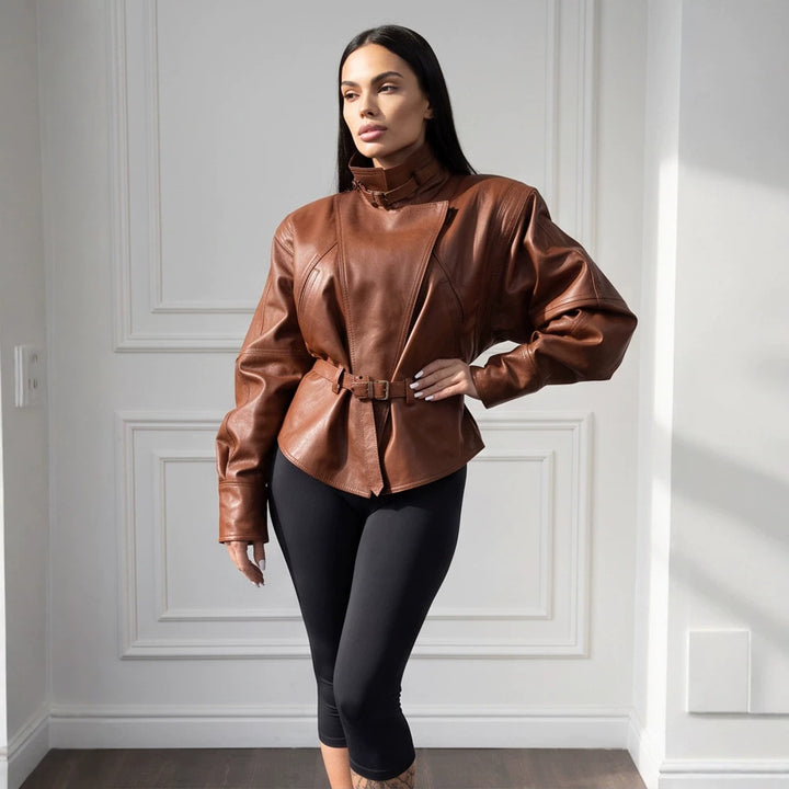 Women's tailored faux leather jacket with standing collar, neck strap, and figure-shaping waist belt Amarae