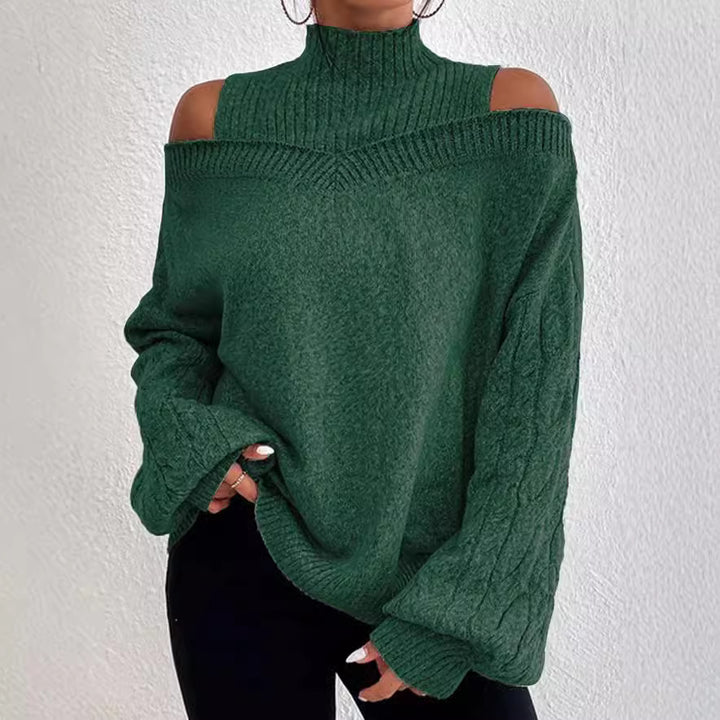 Damen Schulterfreier Oversize-Strickpullover mit Stehkragen Drune