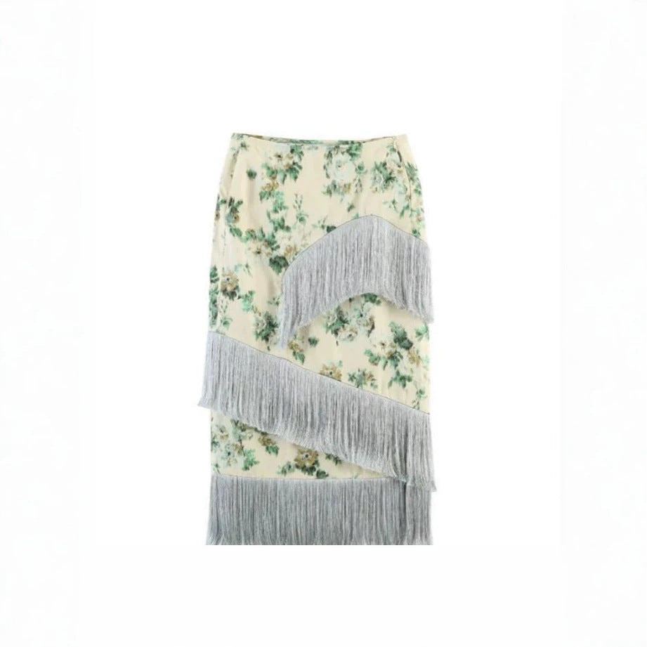 Ladies Floral Printed Midi Skirt with Diagonal Fringe Trim and Slim Silhouette Amarae