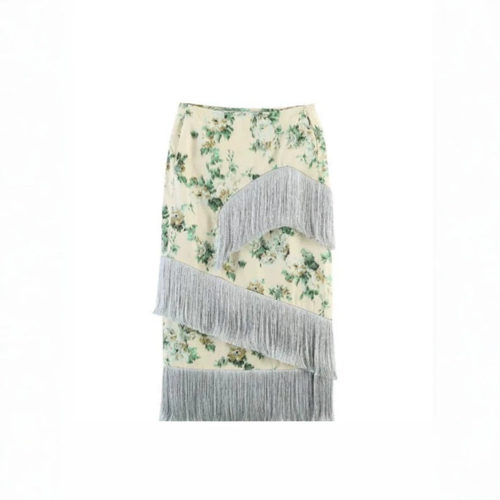 Ladies Floral Printed Midi Skirt with Diagonal Fringe Trim and Slim Silhouette Amarae