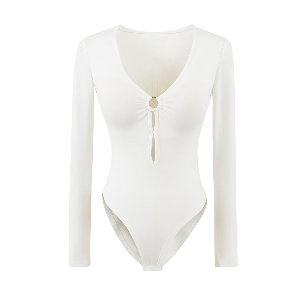 Long sleeve women's body with elegant V-neck and decorative ring detail Lune London