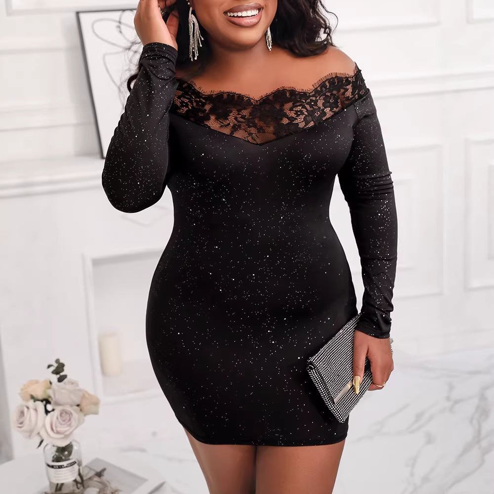 Ladies Off-shoulder Dress with Lace Trim Lune London
