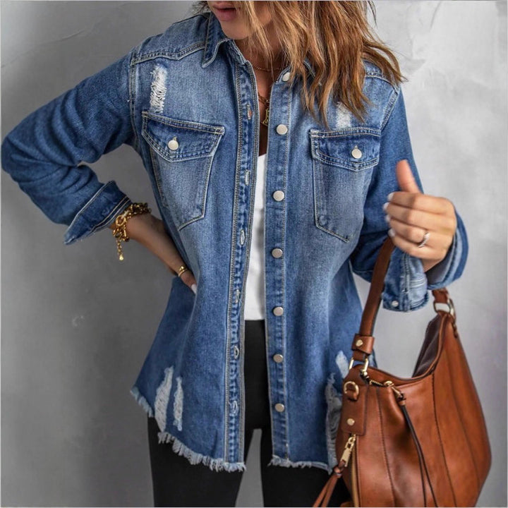 Women Casual Oversized Denim Jacket with Destroyed Details, Shirt Collar and Fringed Hem Amarae