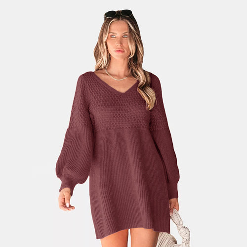 Casual knit dress for ladies with bare lace on the shoulders and voluminous sleeves Amarae
