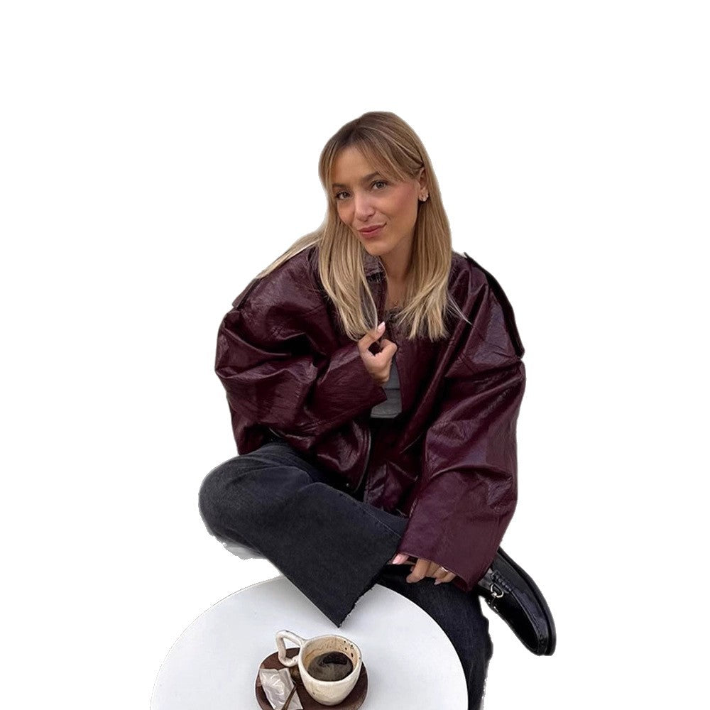 Women's short jacket in glossy patent look with boxy silhouette and dropped shoulders Amarae